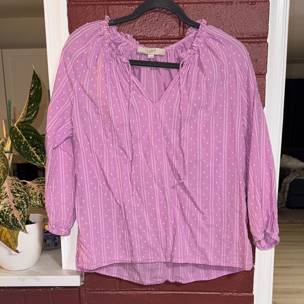 LOFT Women's Purple Polka Dot Blouse Mediun